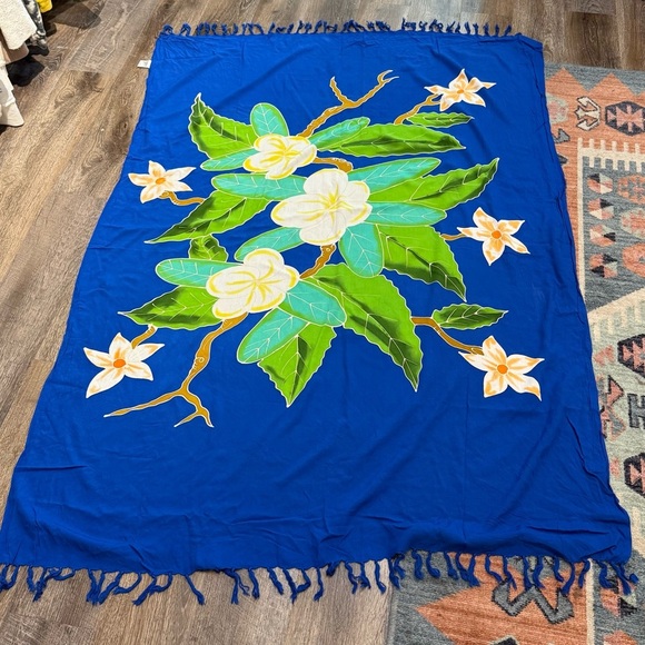 Hibiscus Other - Tropical Blue Floral Fringed Sarong Pareo